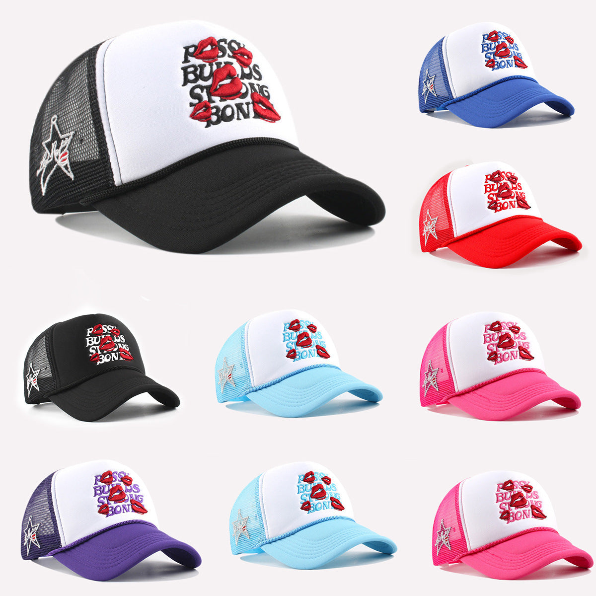 A collage of trucker hats shown in multiple color options on a light gray background. The main featured hat is large at the top left and is white and black with a red and black embroidered patch reading 'P*SSY BUILDS STRONG BONES' and a white star on the side.